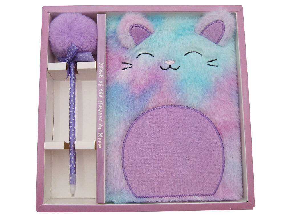 Pack Carnet Peluche A5 Chat Violet avec 80 Pages et Stylo Bleu avec Pompon de 22 cm