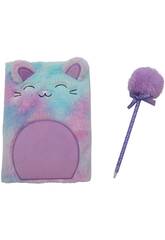 Pack Carnet Peluche A5 Chat Violet avec 80 Pages et Stylo Bleu avec Pompon de 22 cm