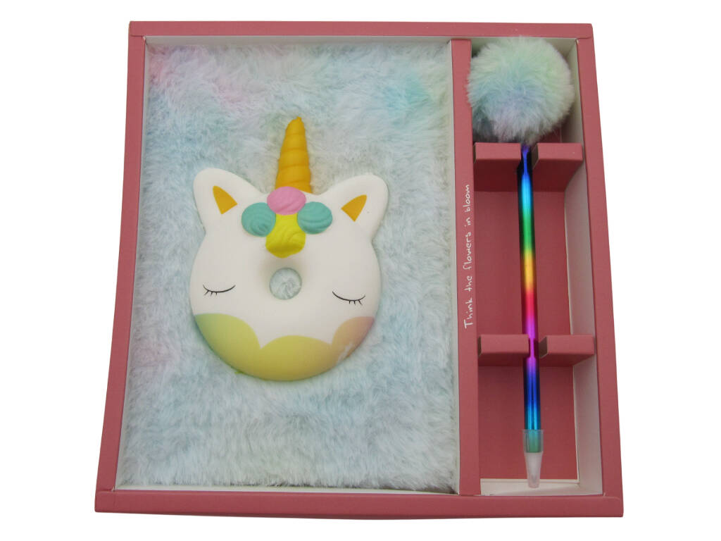 Carnet Peluche Squeezy A5 Donut Licorne Blanche avec 80 Pages et Stylo Bleu Pompon de 21 cm