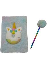 Carnet Peluche Squeezy A5 Donut Licorne Blanche avec 80 Pages et Stylo Bleu Pompon de 21 cm