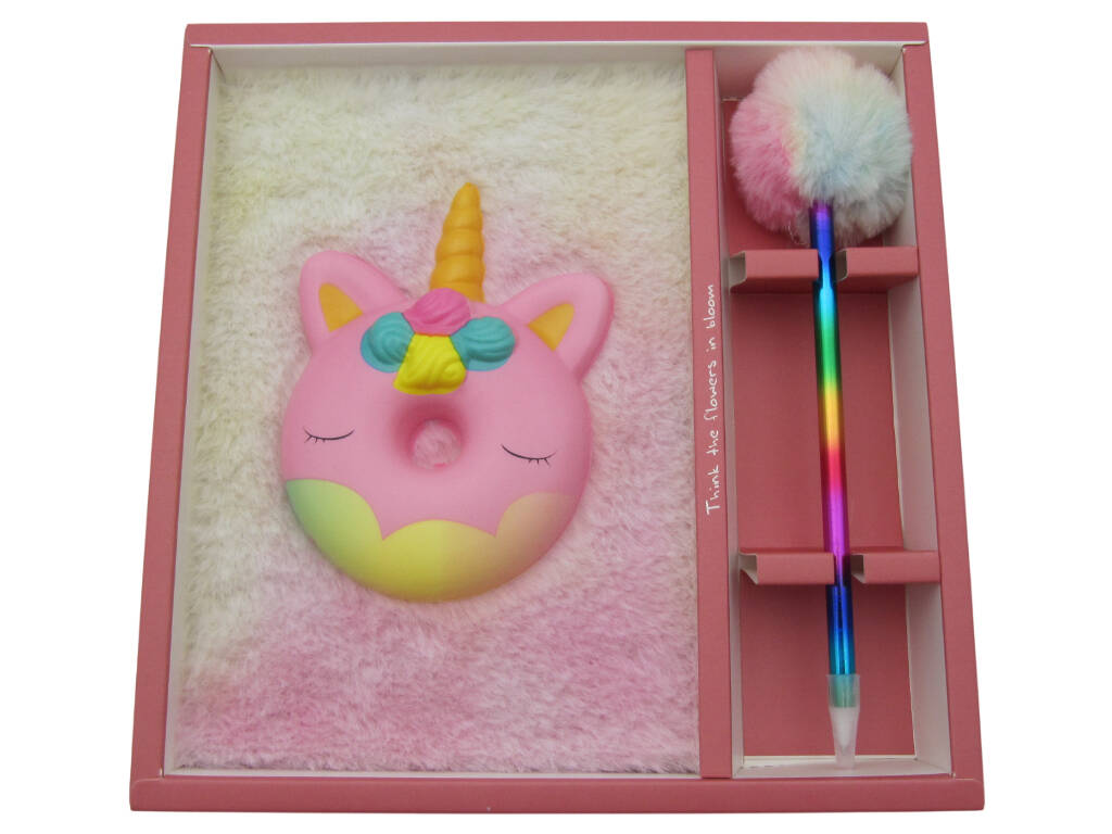 Carnet Peluche Squeezy A5 Donut Licorne Rose avec 80 Pages et Stylo Bleu Pompon de 21 cm