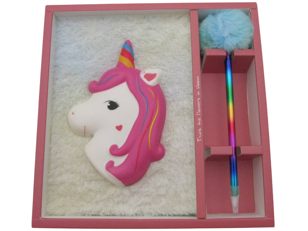 Carnet Peluche Squeezy A5 Donut Licorne Blanche avec 80 Pages et Stylo Bleu Pompon de 21 cm