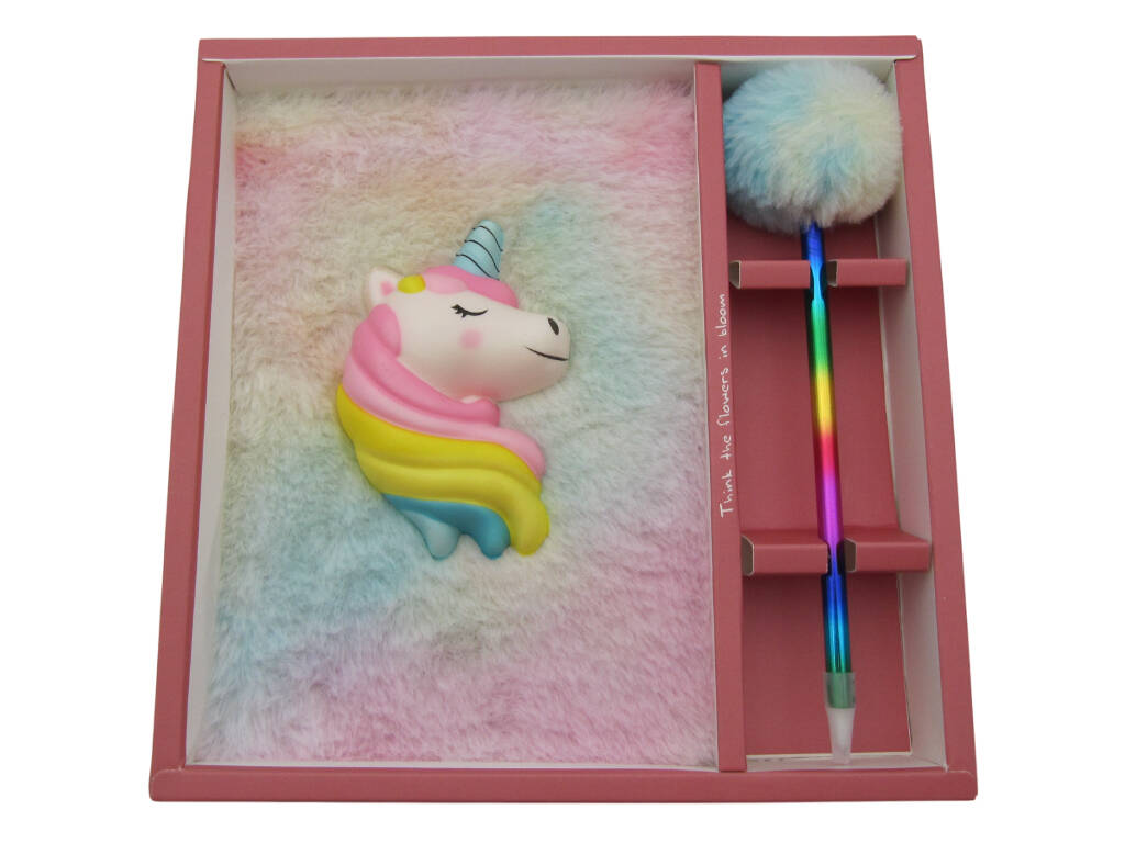 Carnet Peluche Squeezy A5 Licorne Corne Bleue avec 80 Pages et Stylo Bleu Pompon de 21 cm