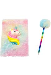 Carnet Peluche Squeezy A5 Licorne Corne Bleue avec 80 Pages et Stylo Bleu Pompon de 21 cm