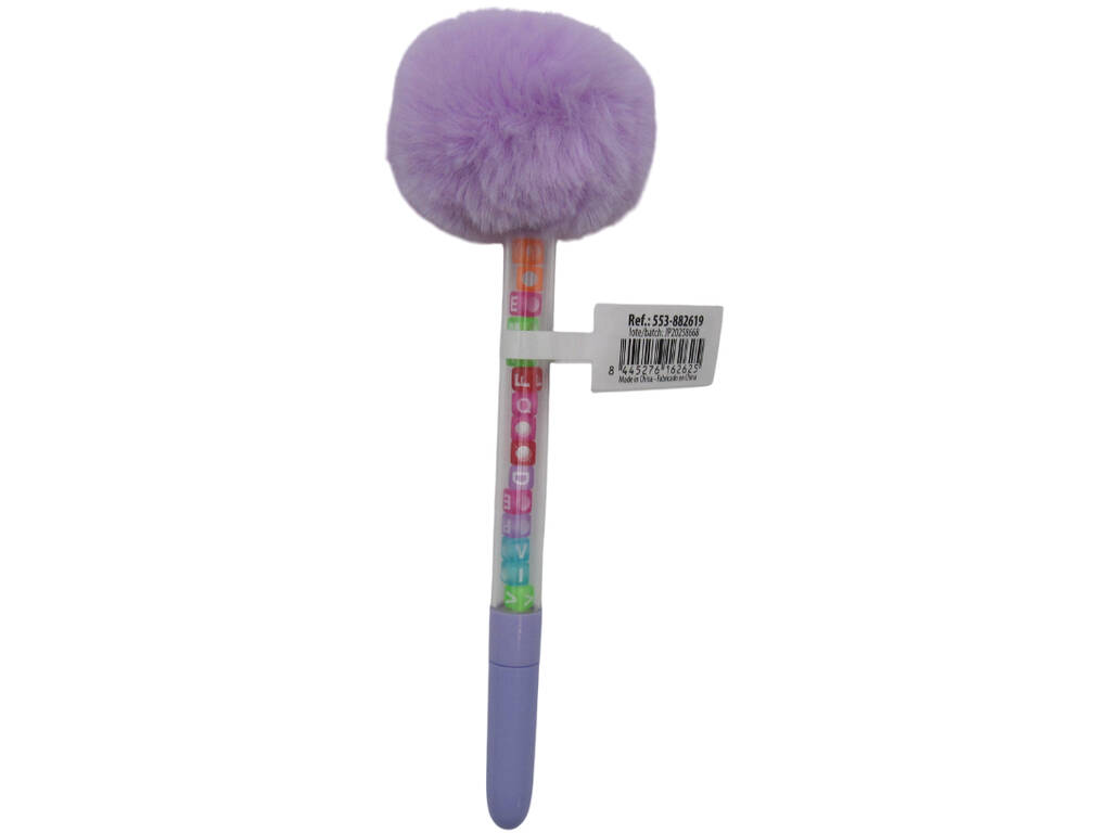 Stylo à bille bleu avec pompon et perles avec lettres 19 cm
