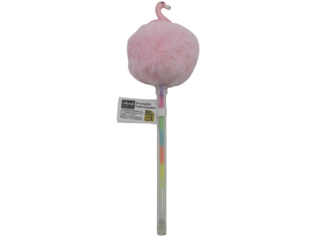 Stylo à bille multicolore avec pompon et flamant rose 19 cm