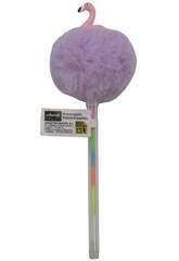 Stylo  bille multicolore avec pompon et flamant rose 19 cm