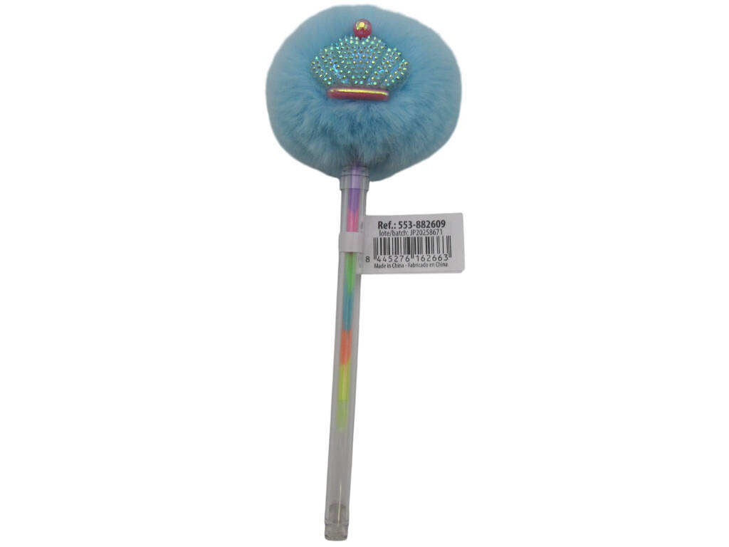 Stylo à bille multicolore avec pompon et couronne 17,5 cm