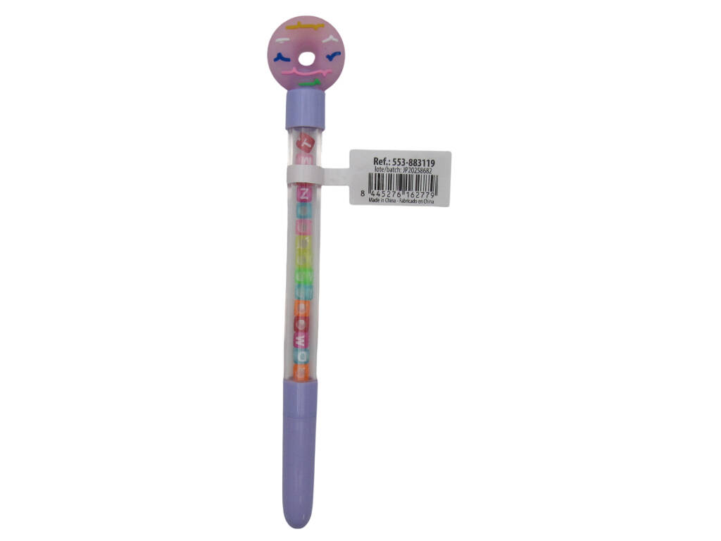 Stylo à bille bleu avec donut et perles avec lettres 18,5 cm