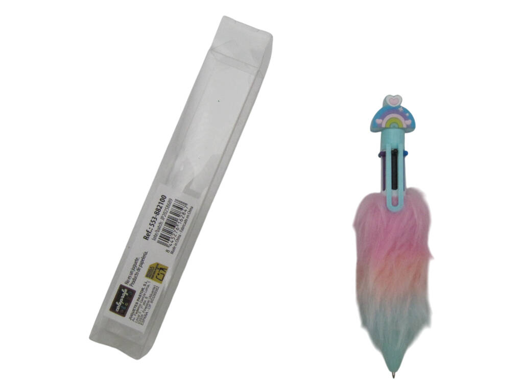 Stylo à bille 6 couleurs avec arc-en-ciel et fourrure 15,5cm