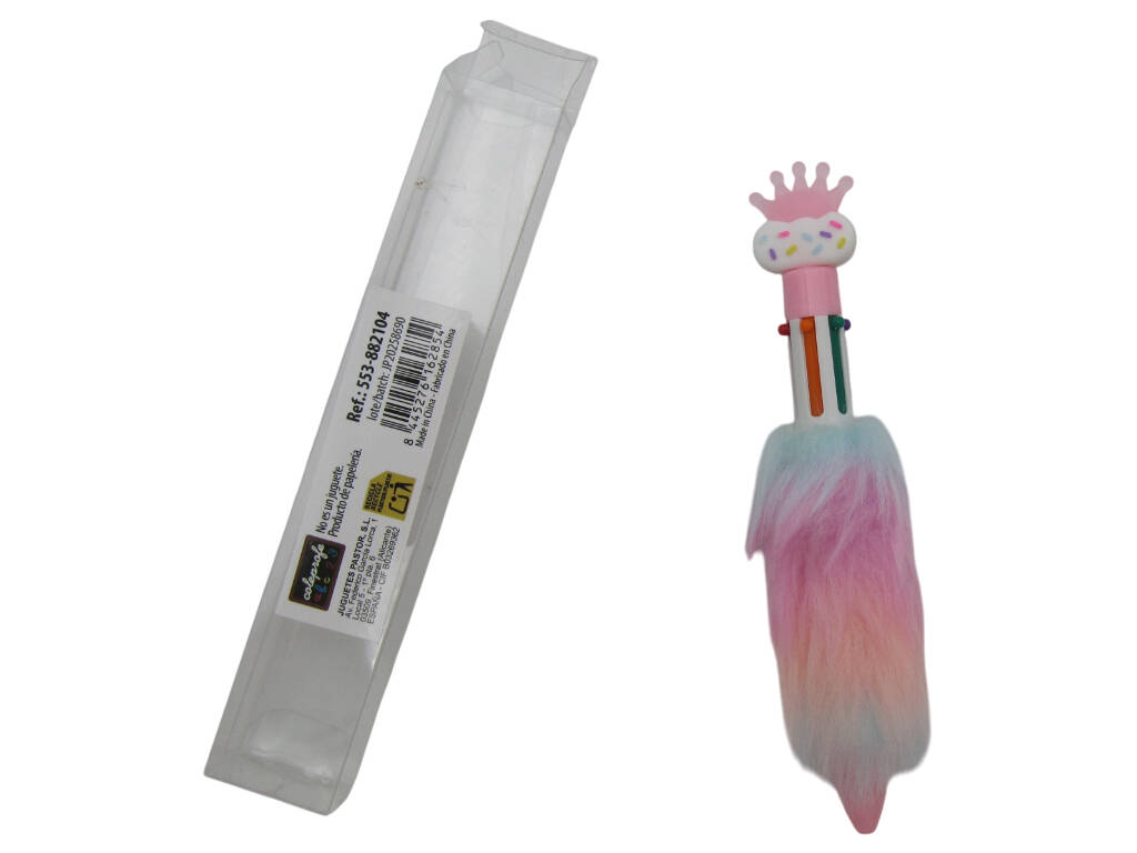 Stylo à bille 6 couleurs avec couronne et fourrure 16,5cm