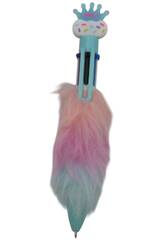 Stylo  bille 6 couleurs avec couronne et fourrure 16,5cm