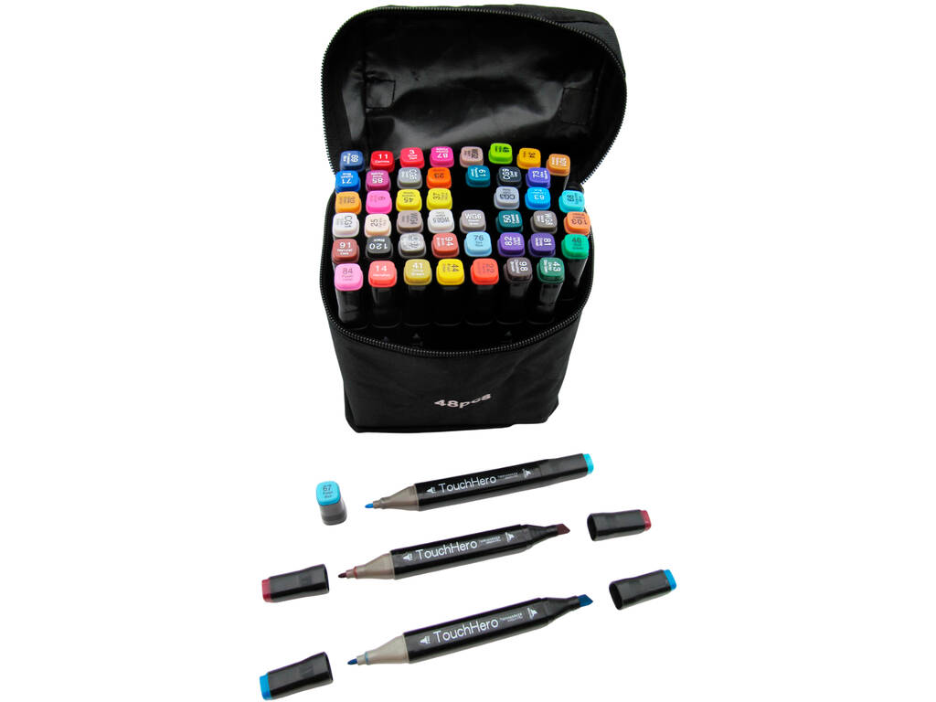 Conjunto 48 Marcadores de Cores Diferentes com 2 Pontas de 3 e 6,5 mm em Bolsa com Asa