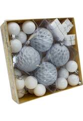 Décoration de Noël Boîte contenant 32 décorations variées argentées et blanches de 4 et 8 cm