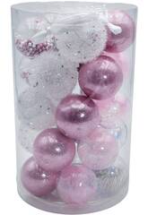 Enfeite Natalício Caixa com 25 Bolas Natalícias Ornamentais Rosa e Prata de 6 cm