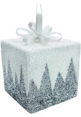 Enfeite Natalício Caixa Oferta Prateada e Branca Brilhante de 20 cm