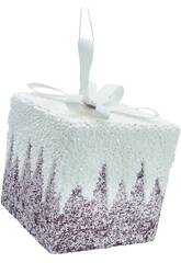 Enfeite Natalício Caixa Oferta Púrpura com Brilhantes e Laço Branco de 15 cm