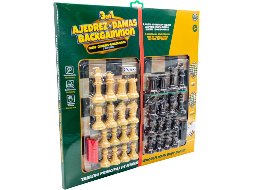 Échecs, dames et backgammon 3 en 1 avec plateau en bois et accessoires