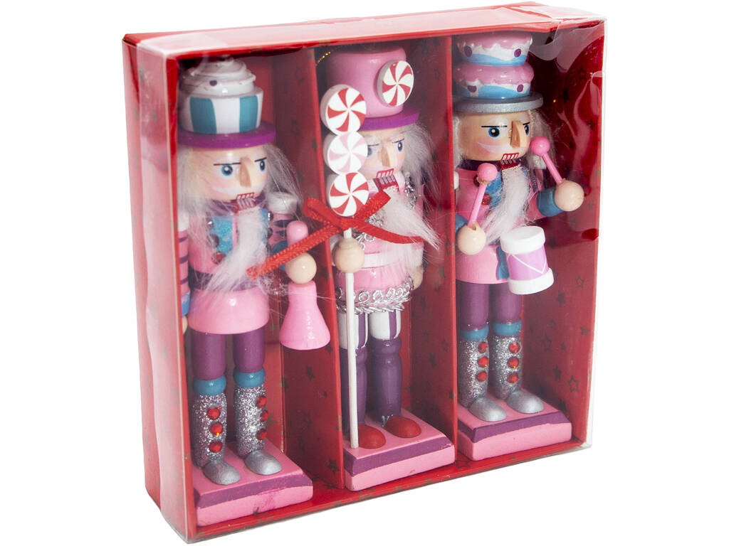 Décoration de Noël Set 3 soldats casse-noisettes rose en bois de 13 cm