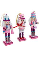 Décoration de Noël Set 3 soldats casse-noisettes rose en bois de 13 cm