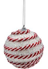 Décoration de Noël boule blanche brillante avec ruban blanc et rouge de 8 cm