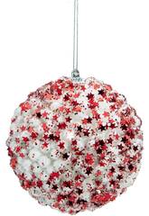 Décoration de Noël boule blanche avec étoiles et paillettes rouges, 10 cm