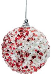 Ornamento Natalício Bola Branca com Estrelas e Glitter Vermelho de 8 cm