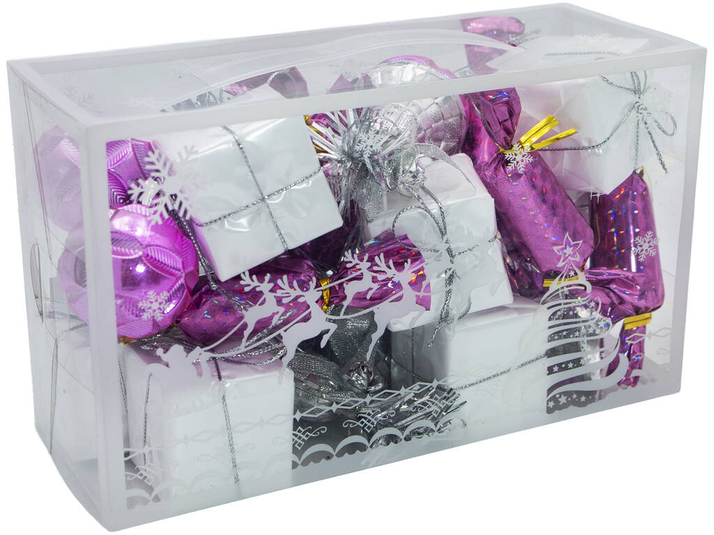 Décoration de Noël Boîte de 27 décorations pour sapin Fuchsia et Argent de 5 cm
