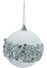 Ornamento Natalício Bola Prateada com Pérolas, Glitter e Paetês de 8 cm