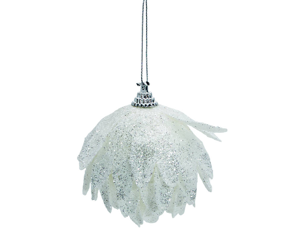 Décoration de Noël boule blanche avec feuilles et paillettes, 8 cm