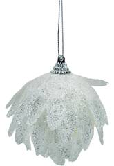 Ornamento Natalício Bola Branca com Folhas e Glitter de 8 cm