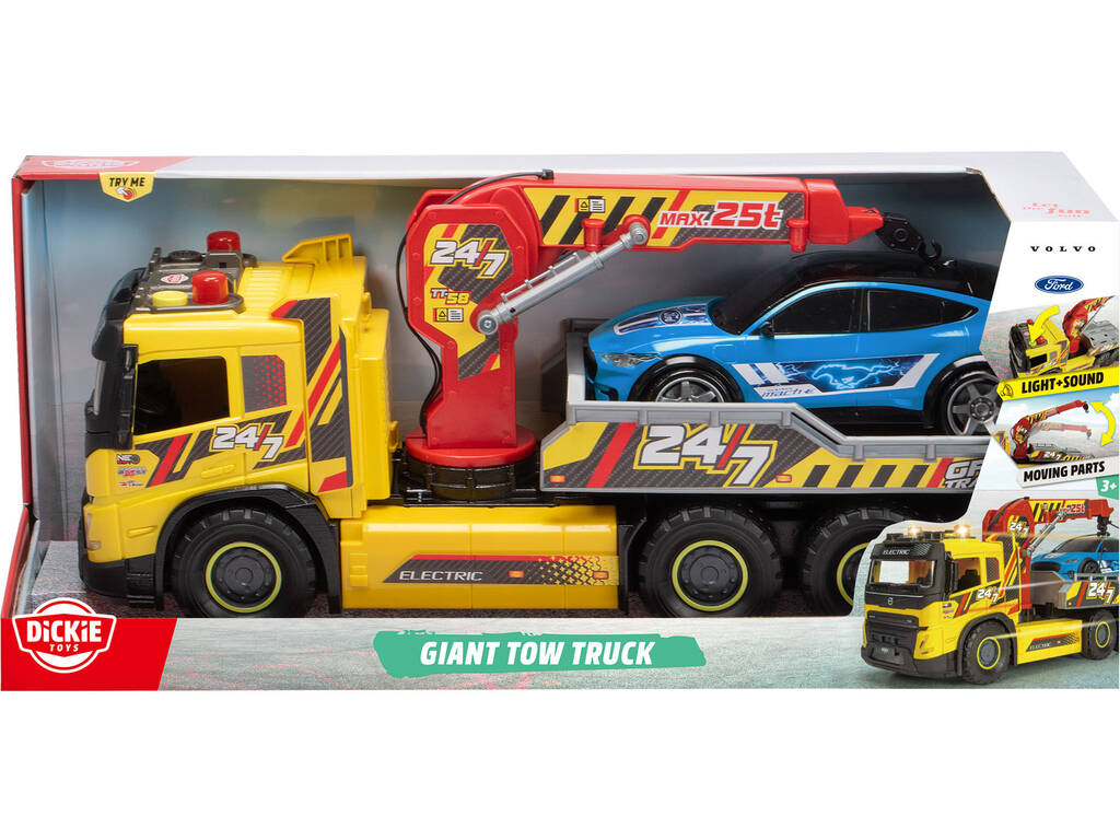 Camion grue Volvo de 55 cm avec lumières et sons et voiture Form Mustang de 25 cm