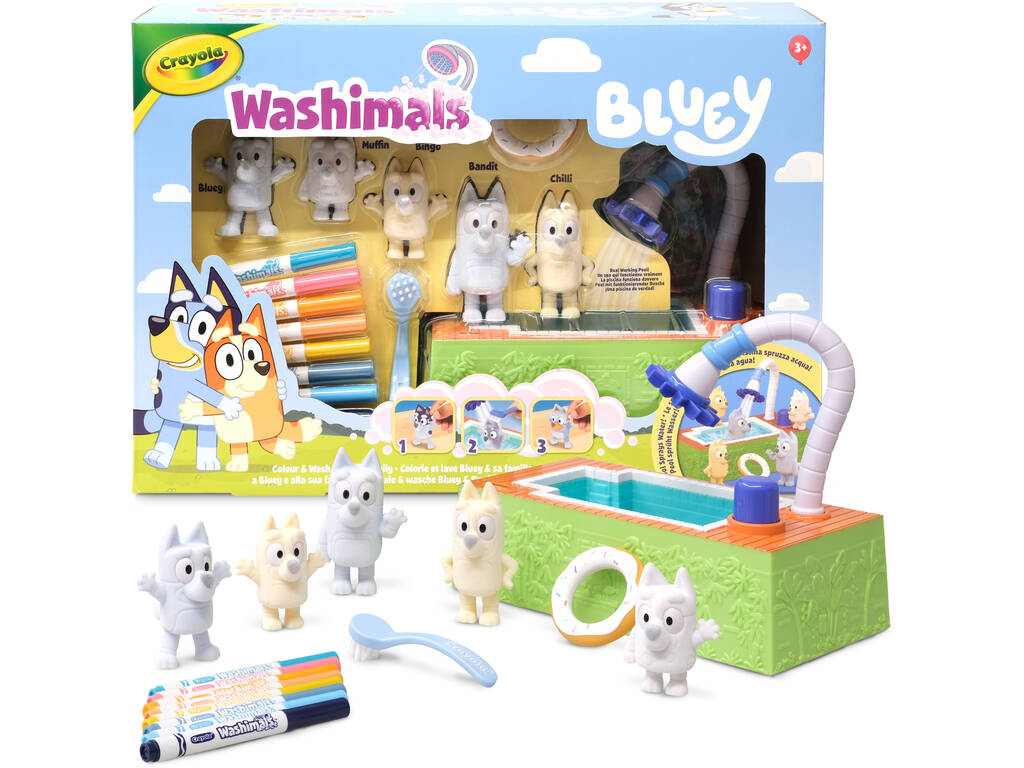 Crayola Washimals Bluey Set 4 animaux avec piscine et fond à colorier