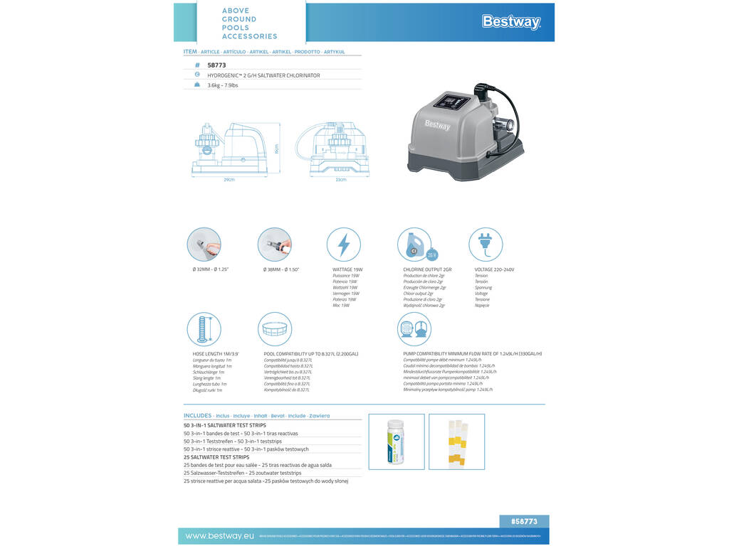 Chlorateur d’Eau Salée Hydrogénique 2 gr/h Bestway 58773