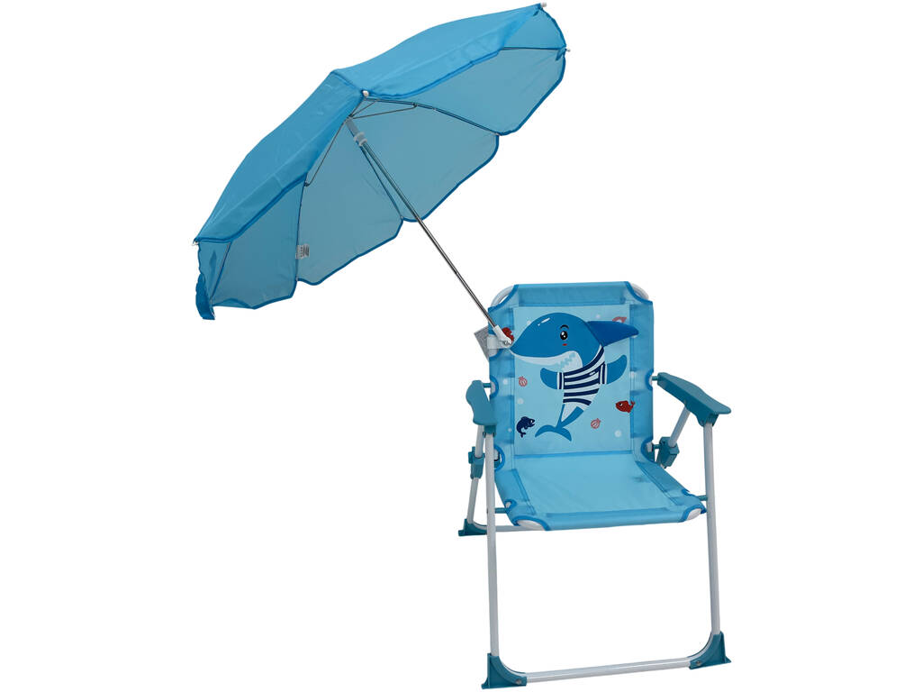 Silla de Jardín y Playa Infantil Plegable Tiburón Azul con Sombrilla