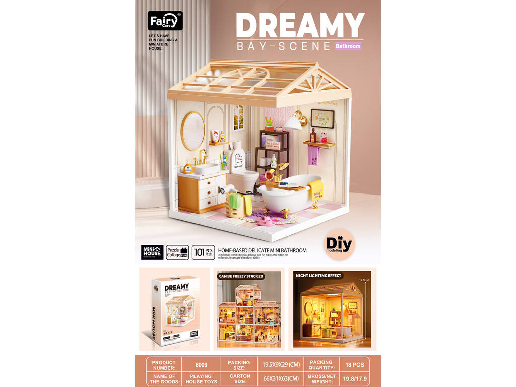 Mini Rooms Dreamy Bay-Scene Playset Baño de 19,5x16,5x16,5 cm con Miniaturas y Luz LED